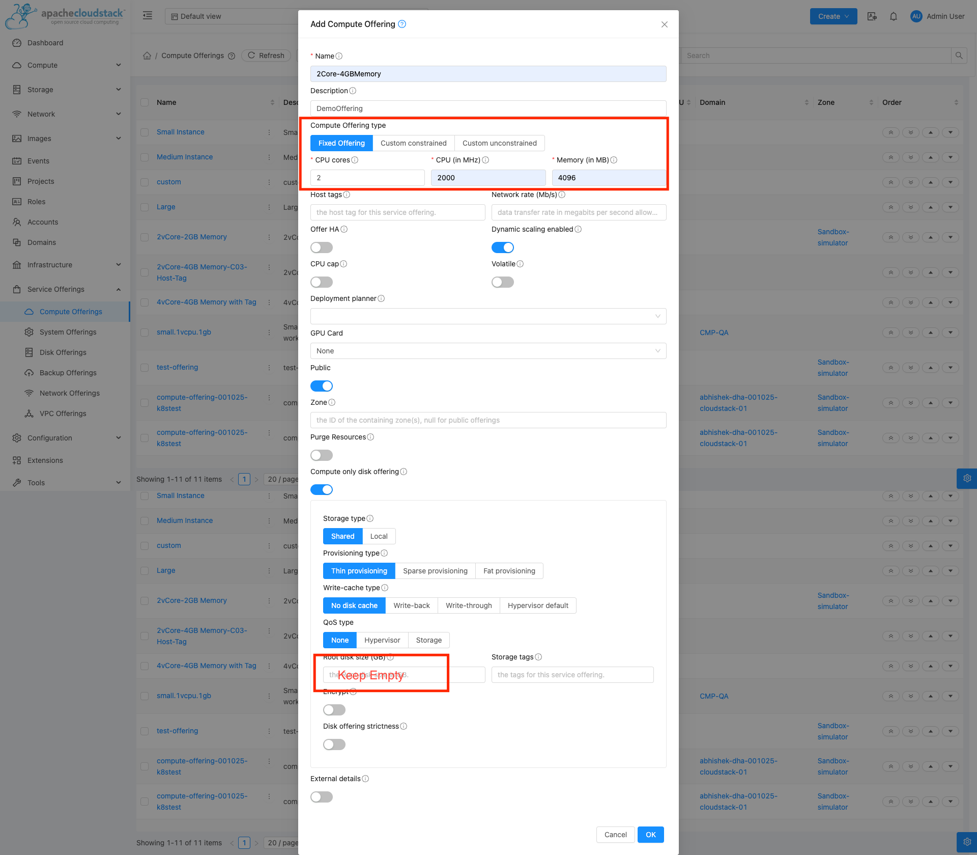 Screenshot: CloudStack — Add Compute Offering with Compute only Disk Offering enabled