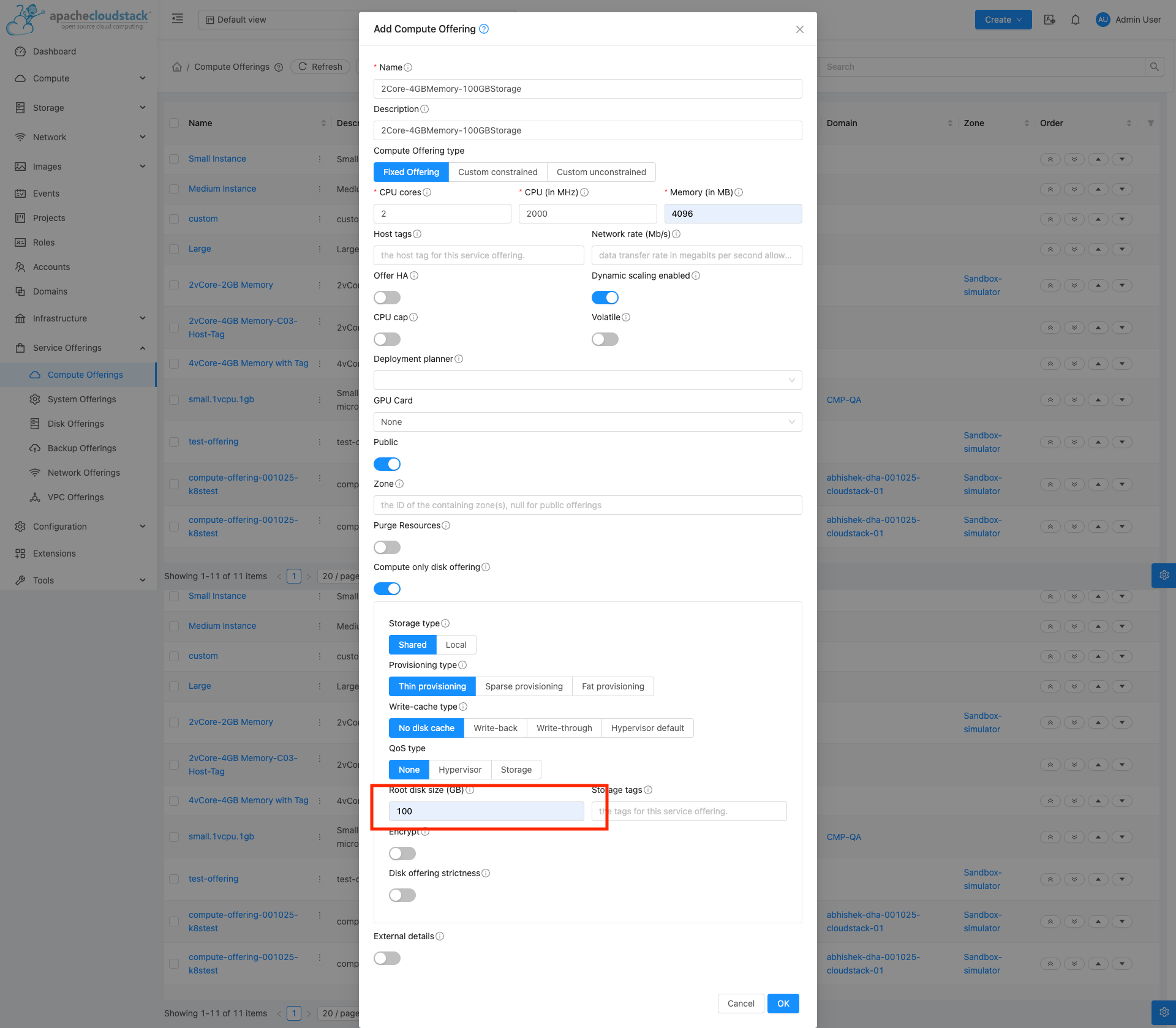 Screenshot: CloudStack — Add Compute Offering with disk offering linked (storage bundled)