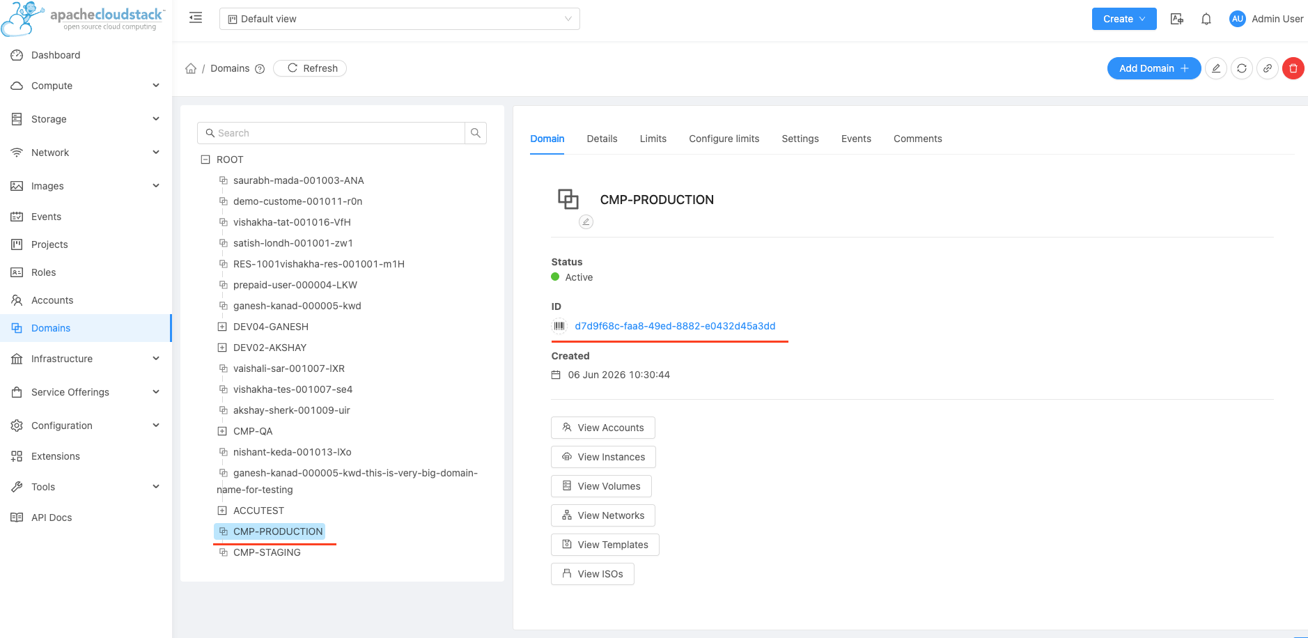 Screenshot: CloudStack — Add Sub-domain dialog under ROOT