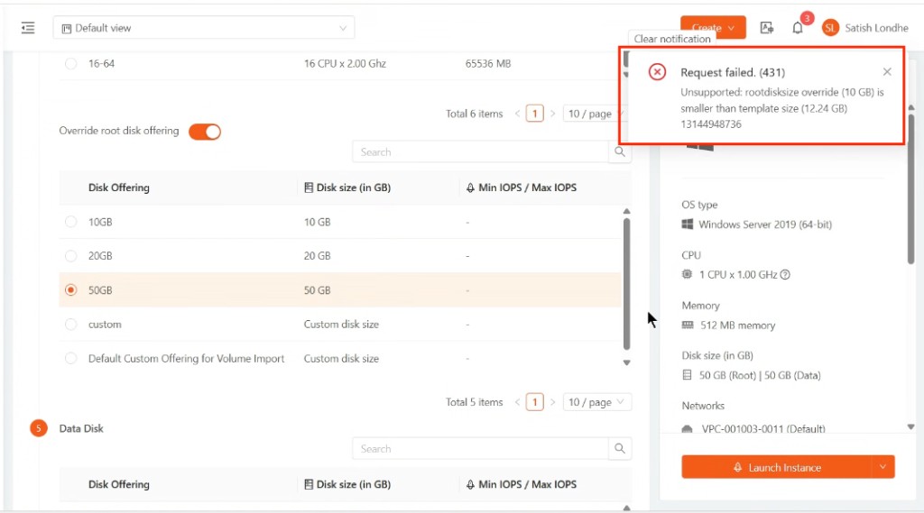 Screenshot: CloudStack / CMP — rootdisksize override smaller than template size