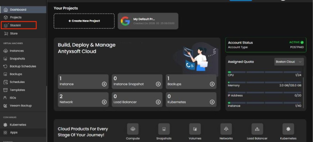 Cloud console dashboard with StackAI in the sidebar