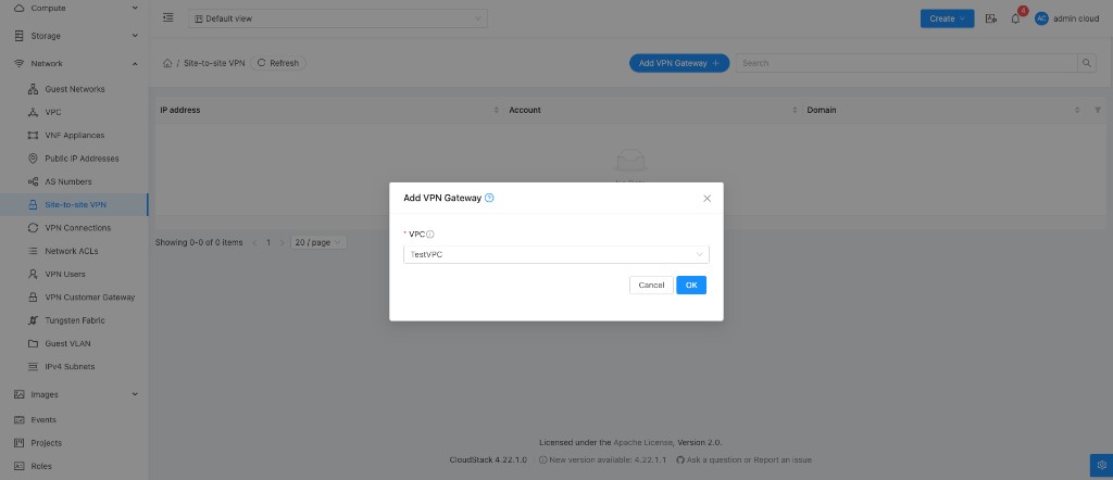 Screenshot: CloudStack — Add VPN Gateway