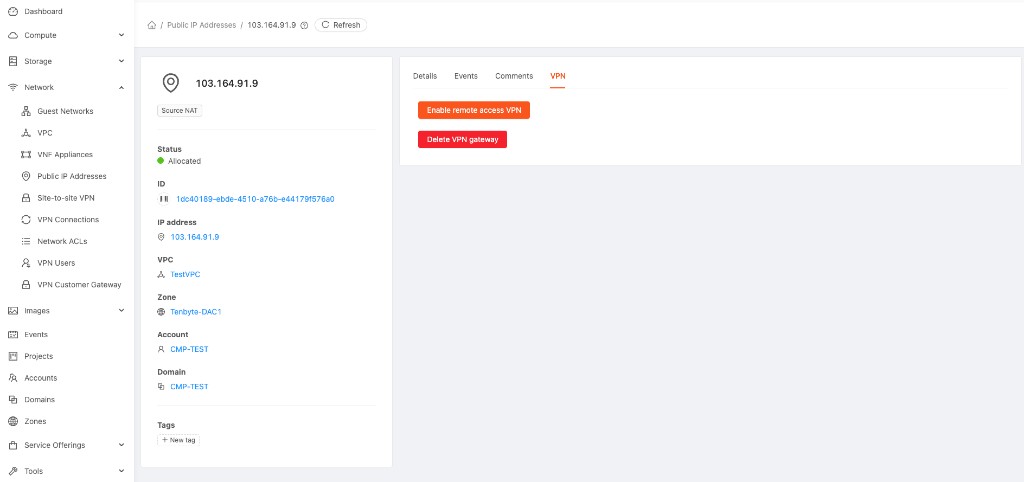 Screenshot: CloudStack — Enable Remote Access VPN on public IP