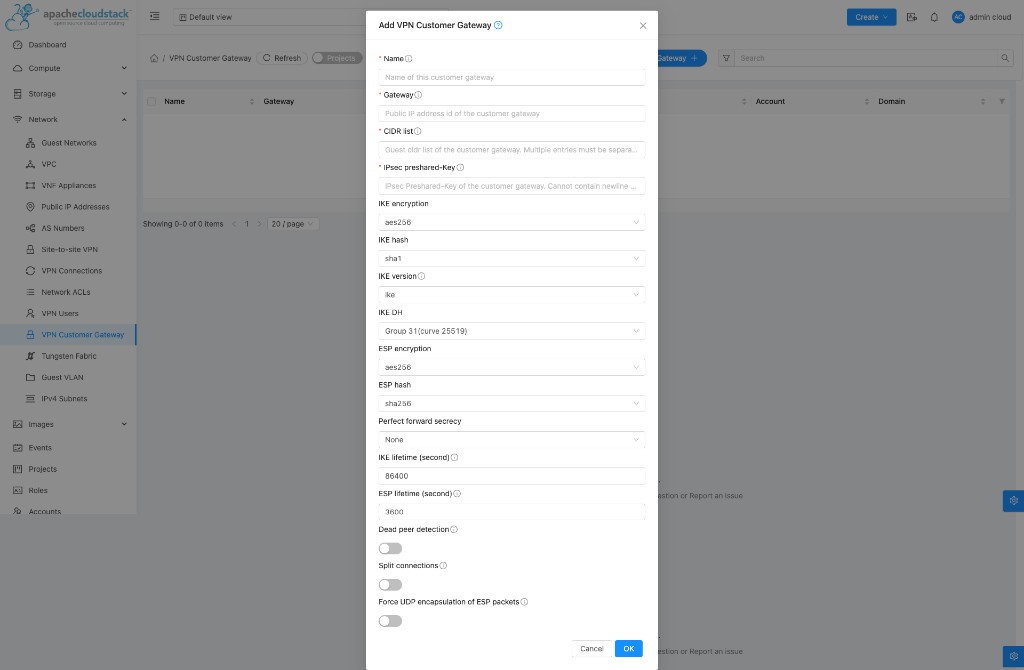 Screenshot: CloudStack — Add VPN Customer Gateway