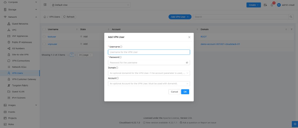 Screenshot: CloudStack — Add VPN User