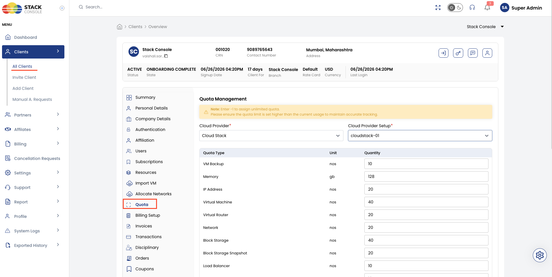 Screenshot: CMP — Account-level quota settings (direct edit)