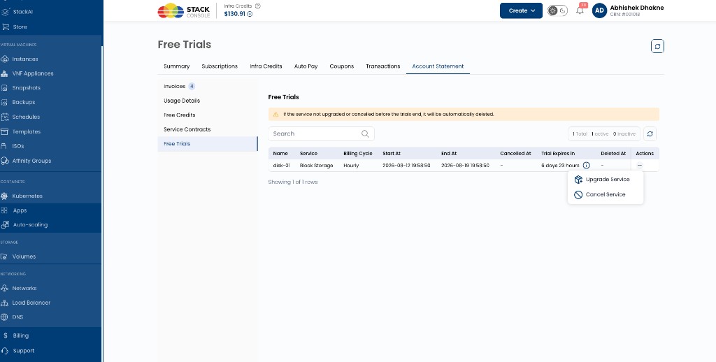 Screenshot: Billing — Account Statement → Free Trials with Upgrade Service and Cancel Service