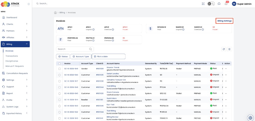 Screenshot: Admin Invoices — Billing Settings button