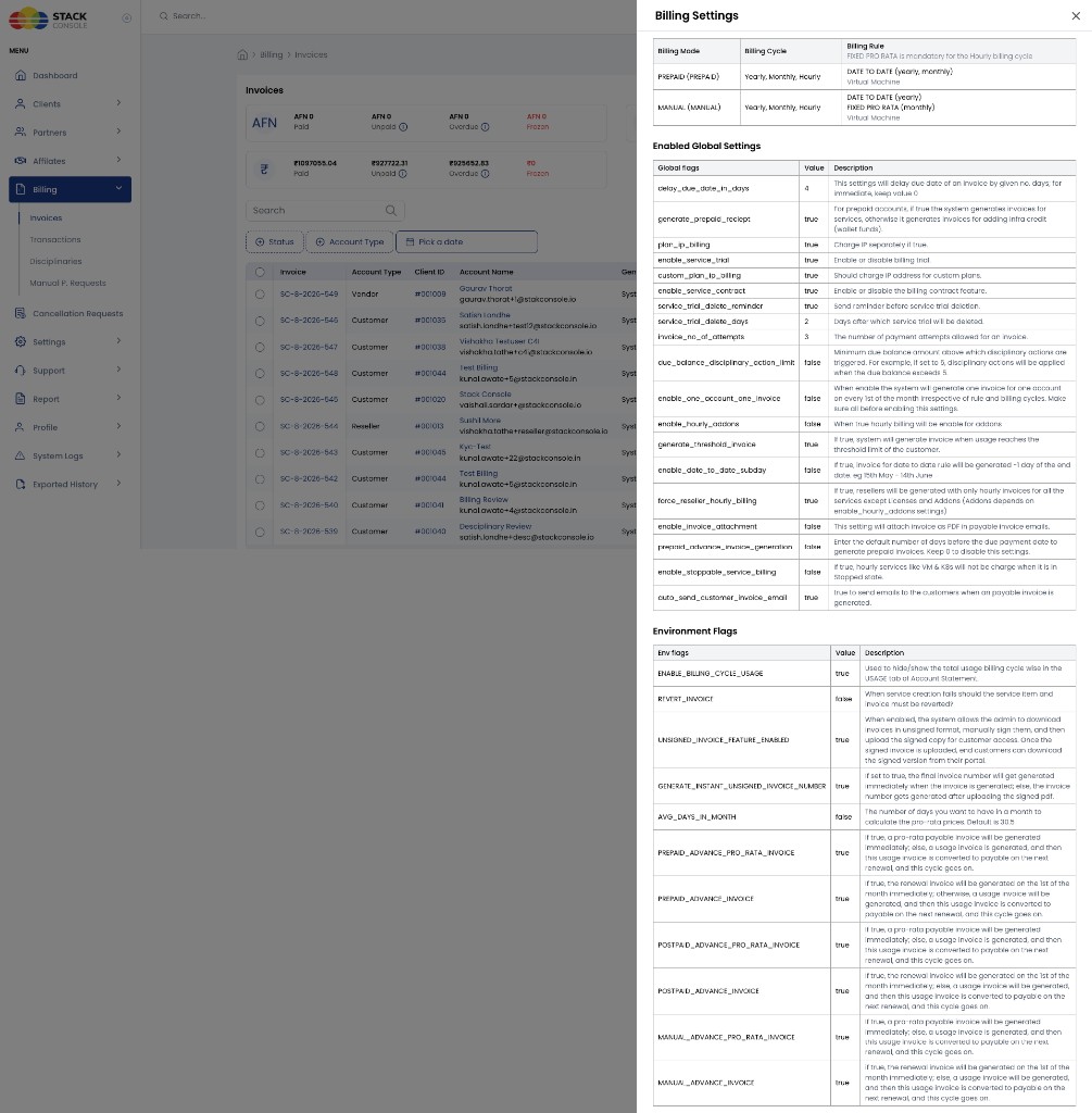 Screenshot: Billing Settings modal — Billing Mode, Global Settings, Environment Flags