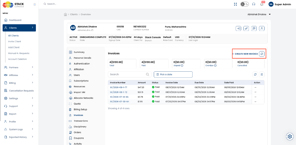 Screenshot: Client Invoices list with + CREATE NEW INVOICE button