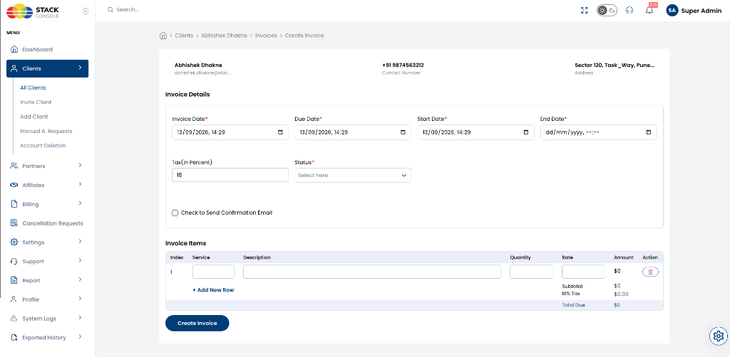 Screenshot: Create Custom Invoice form