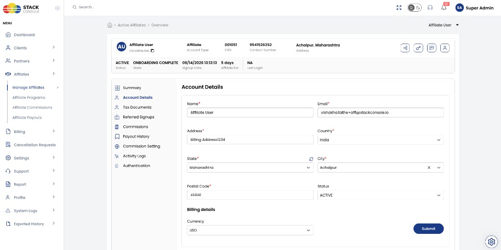 Screenshot: Admin — Affiliate Account Details tab