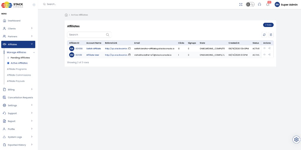 Screenshot: Admin — Active Affiliates list