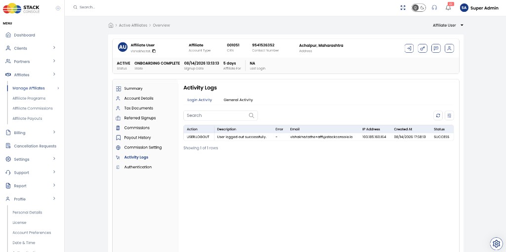 Screenshot: Admin — Affiliate Activity Logs tab