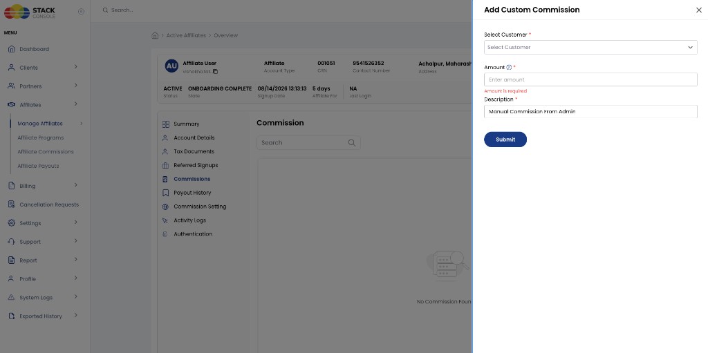 Screenshot: Admin — Add Custom Commission