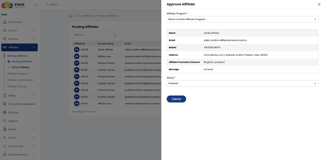 Screenshot: Admin — Approve Affiliate drawer