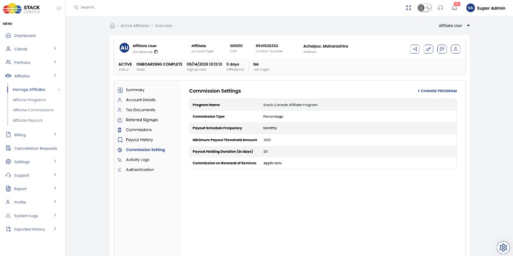 Screenshot: Admin — Affiliate Commission Setting tab
