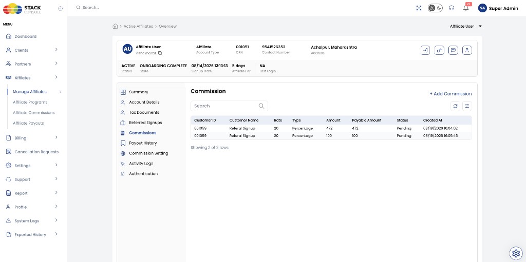 Screenshot: Admin — Affiliate Commissions tab