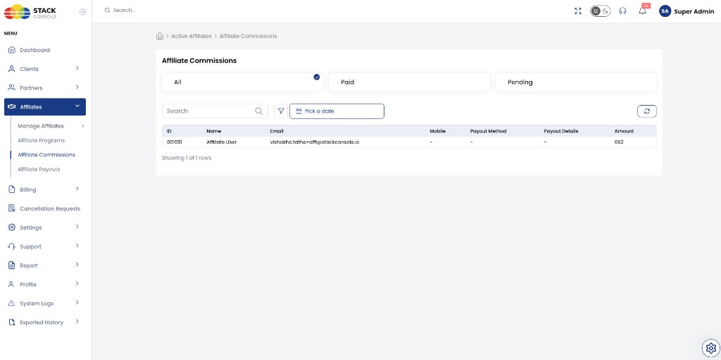Screenshot: Admin — Affiliate Commissions list