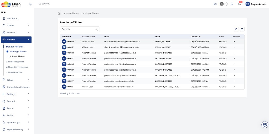 Screenshot: Admin — Pending Affiliates list