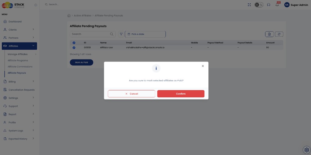 Screenshot: Admin — Affiliate Pending Payouts