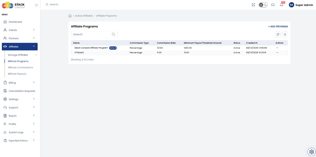 Screenshot: Admin — Affiliate Programs list