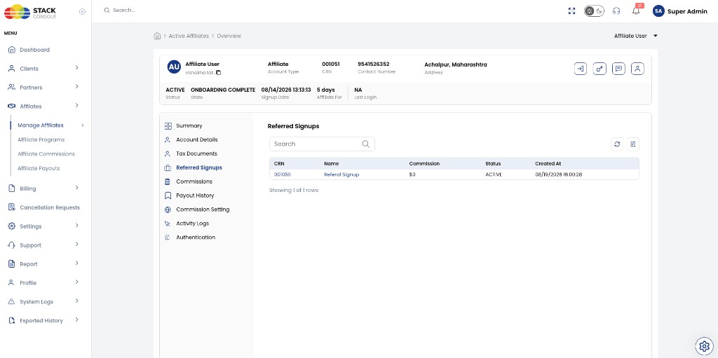 Screenshot: Admin — Referred Signups with data
