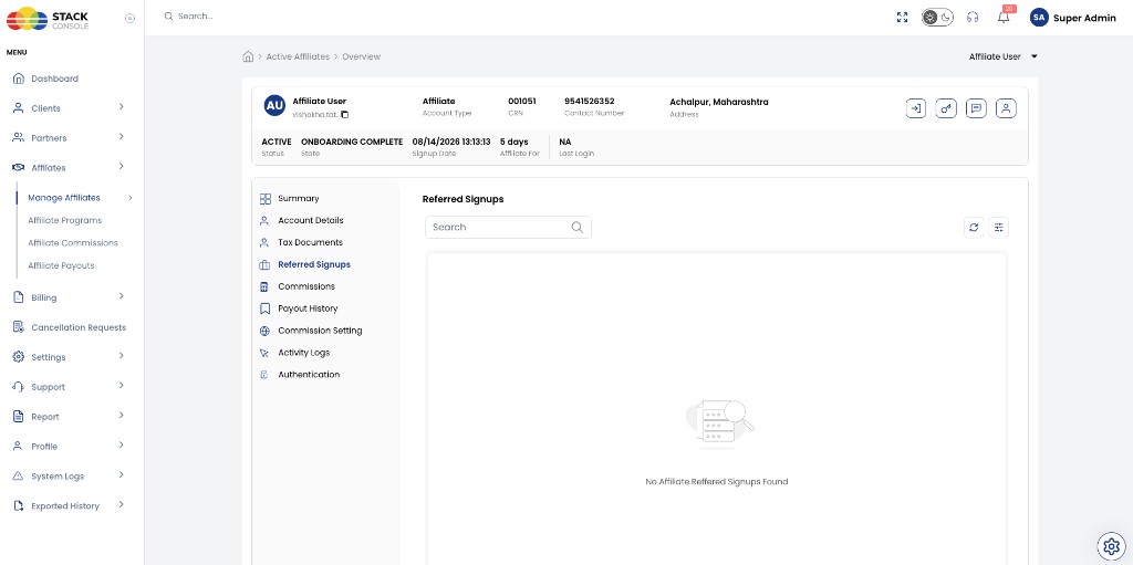 Screenshot: Admin — Referred Signups (empty)
