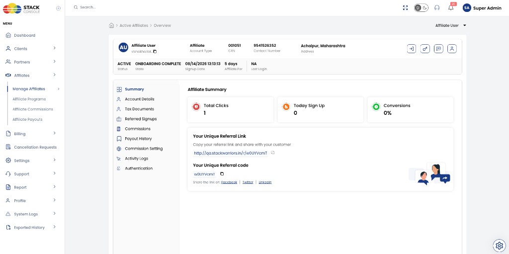 Screenshot: Admin — Affiliate Summary tab