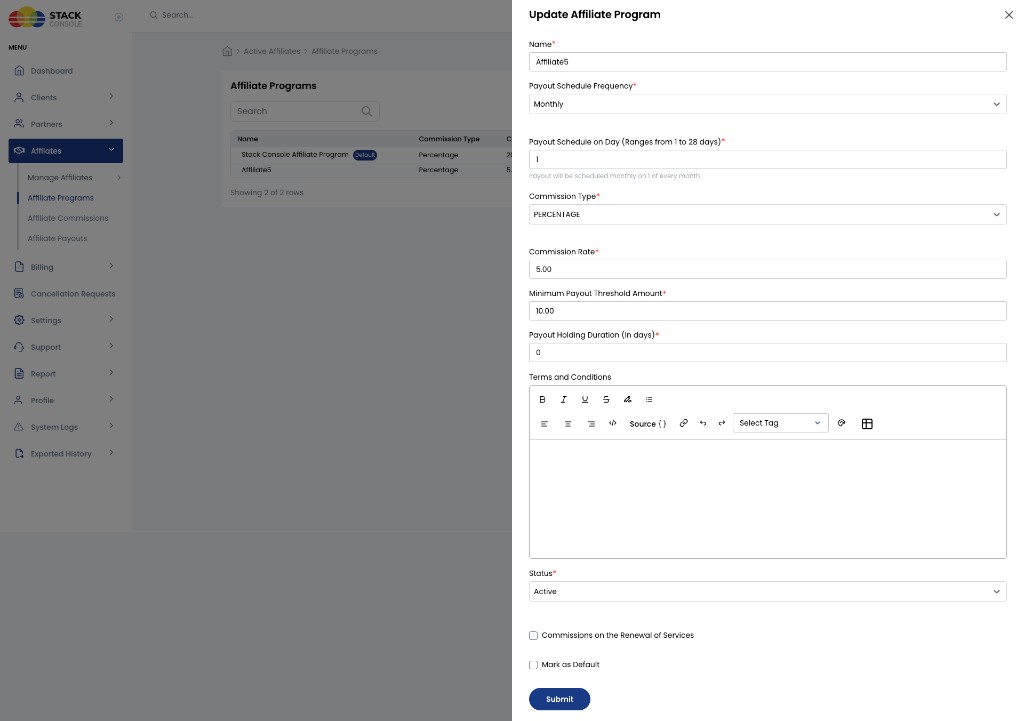 Screenshot: Admin — Update Affiliate Program