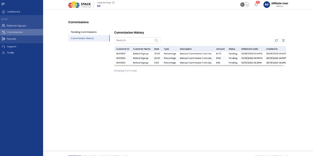 Screenshot: Affiliate — Commission History