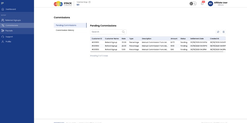 Screenshot: Affiliate — Pending Commissions