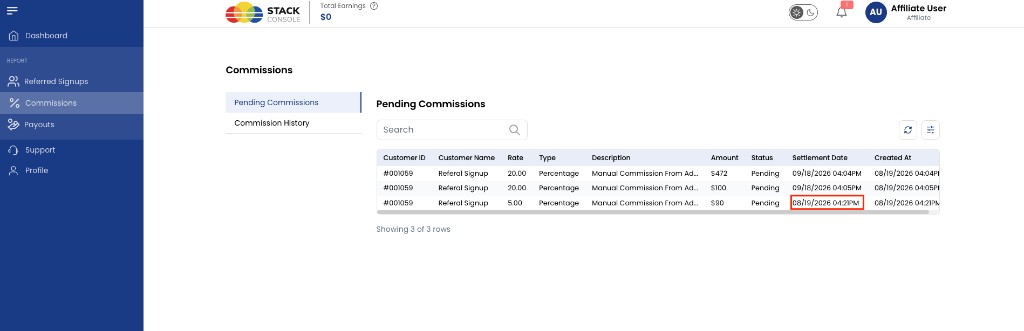 Screenshot: Affiliate — Settlement Date on Pending Commissions