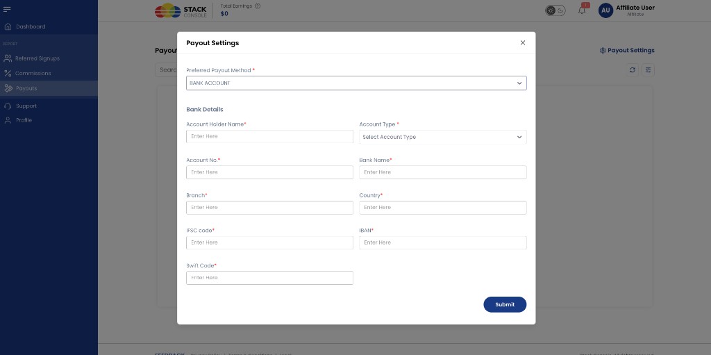 Screenshot: Affiliate — Payout Settings