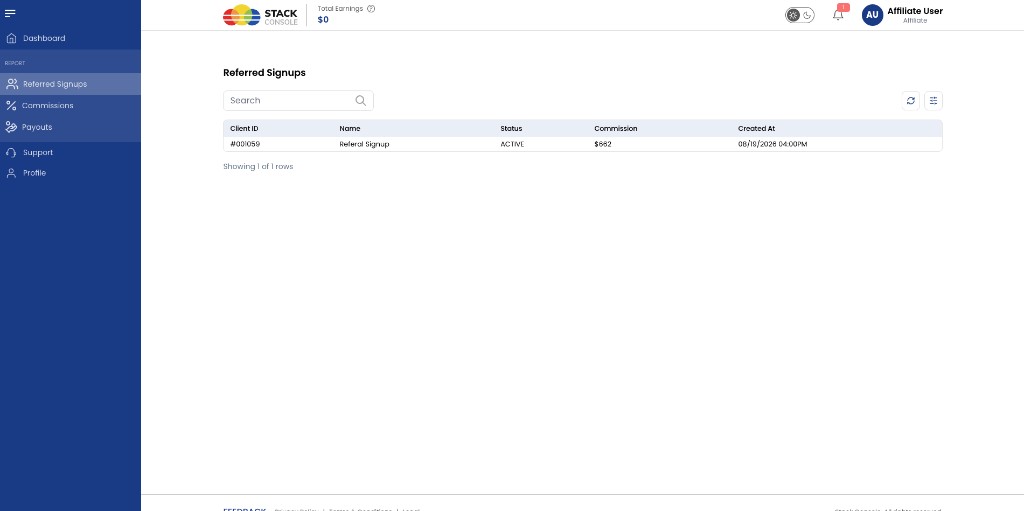 Screenshot: Affiliate — Referred Signups