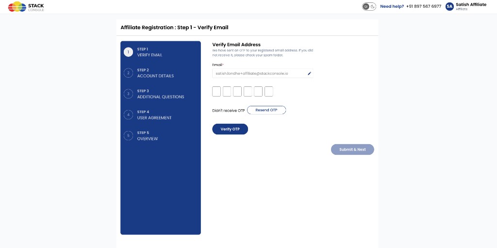 Screenshot: Affiliate Registration — Step 1 Verify Email