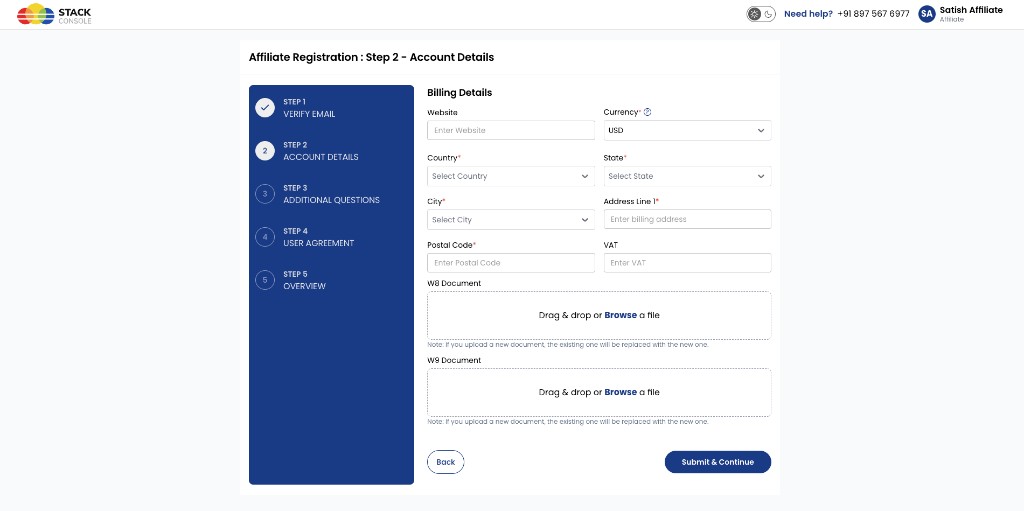 Screenshot: Affiliate Registration — Step 2 Account Details