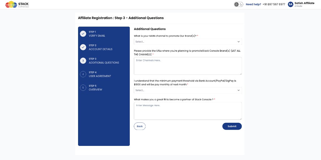 Screenshot: Affiliate Registration — Step 3 Additional Questions