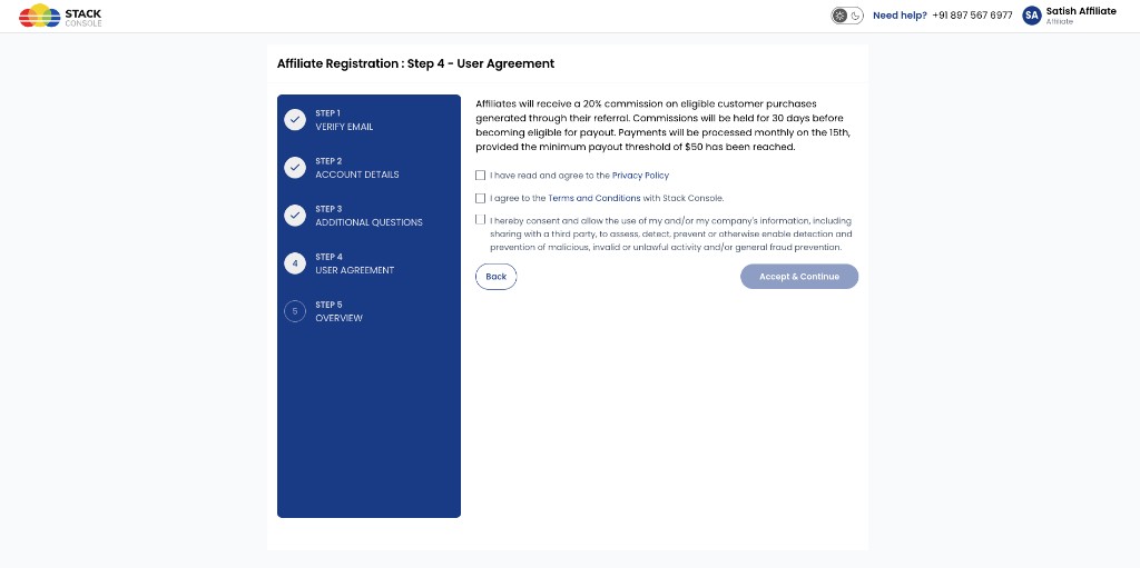 Screenshot: Affiliate Registration — Step 4 User Agreement