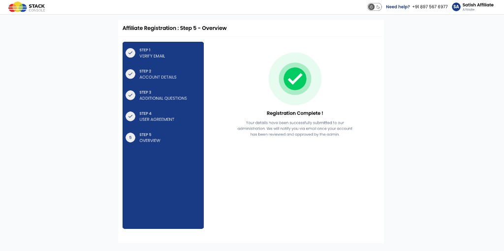 Screenshot: Affiliate Registration — Step 5 Overview