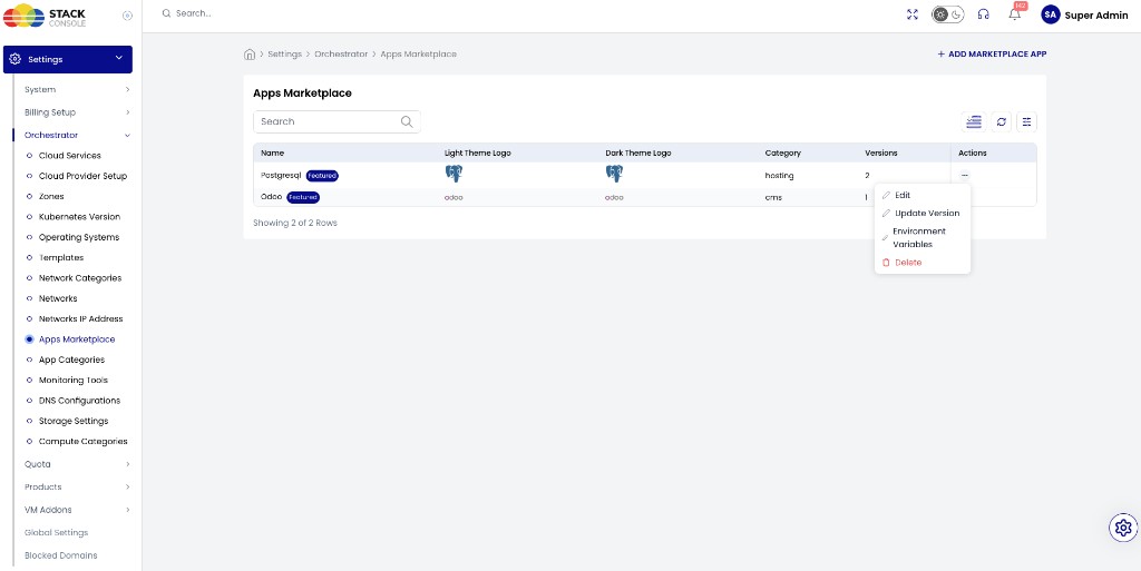 Screenshot: Apps Marketplace list with Featured apps and actions menu