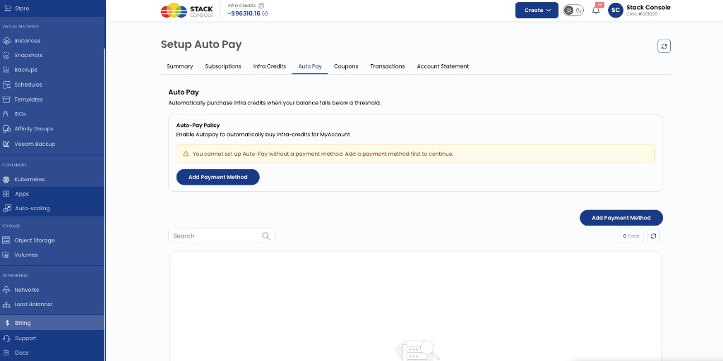 Screenshot: CMP — Setup Auto Pay (no payment method)