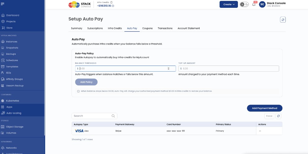 Screenshot: CMP — Auto-Pay Policy and saved payment method