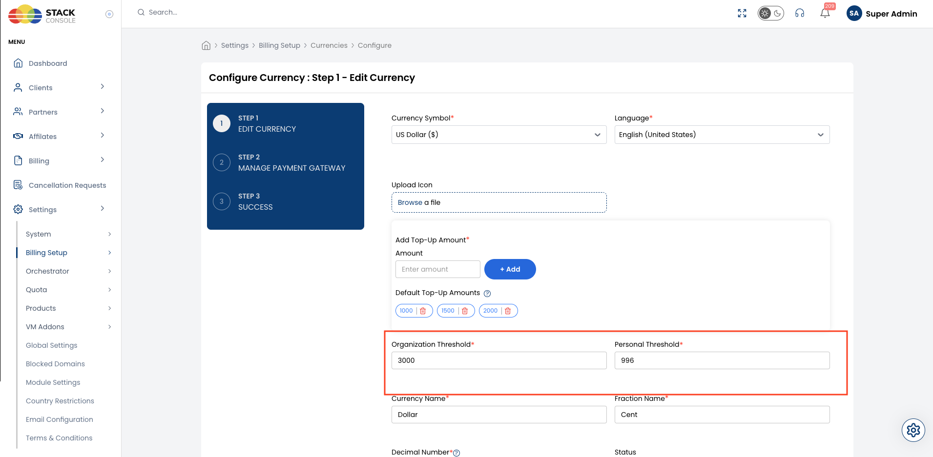 Screenshot: Configure Currency — Organization and Personal Thresholds