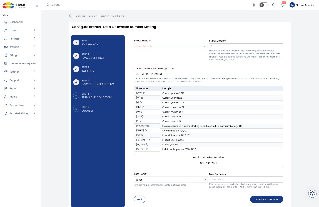 Screenshot: CMP — Configure Branch Step 4 Invoice Number Setting