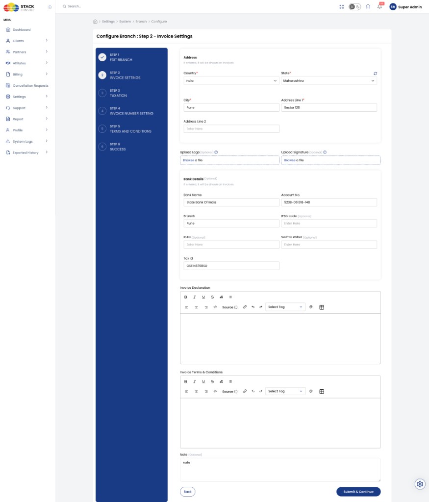 Screenshot: CMP — Configure Branch Step 2 Invoice Settings