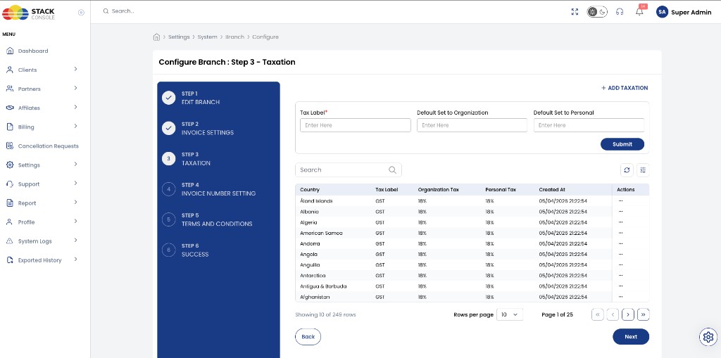 Screenshot: CMP — Configure Branch Step 3 Taxation