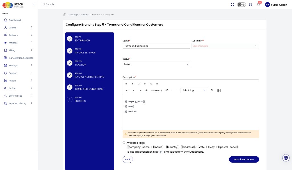 Screenshot: Branch Configure — Step 5 Terms and Conditions for Customers