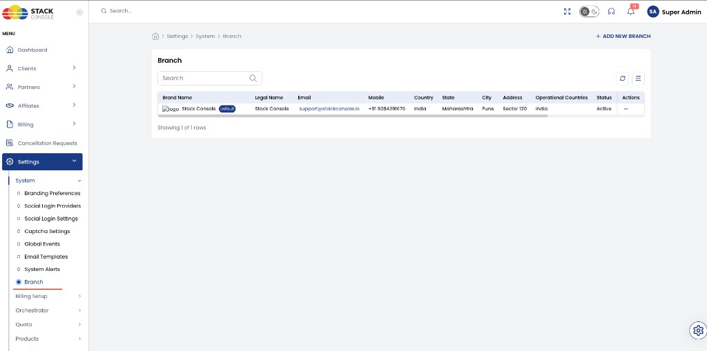 Screenshot: CMP — Settings → System → Branch list