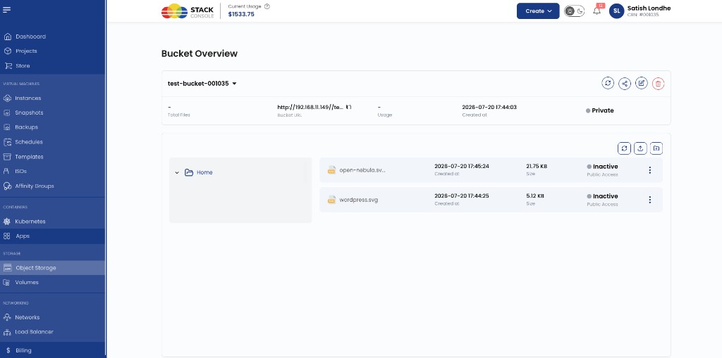 Screenshot: CMP — Bucket overview with files and actions